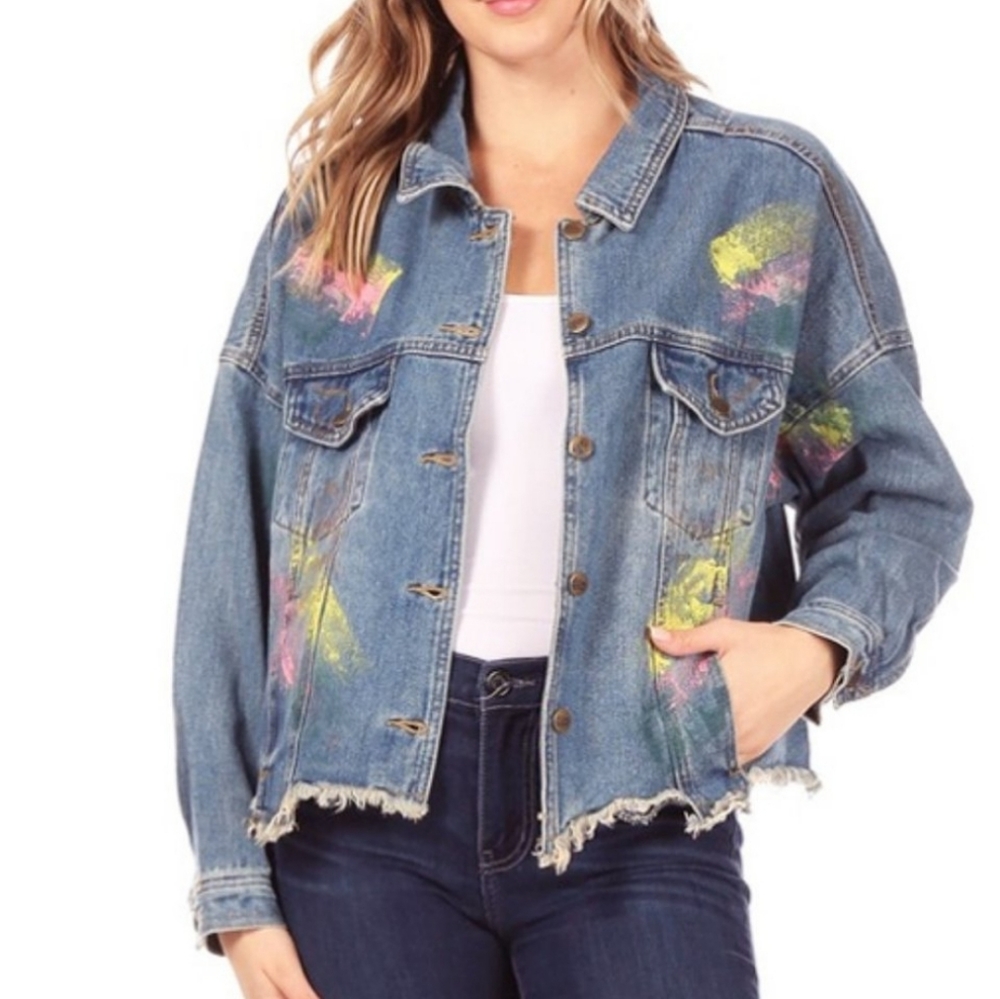Caution to the Wind  70s 80s Splatter Paint Distressed Hem Denim Jacket Size M